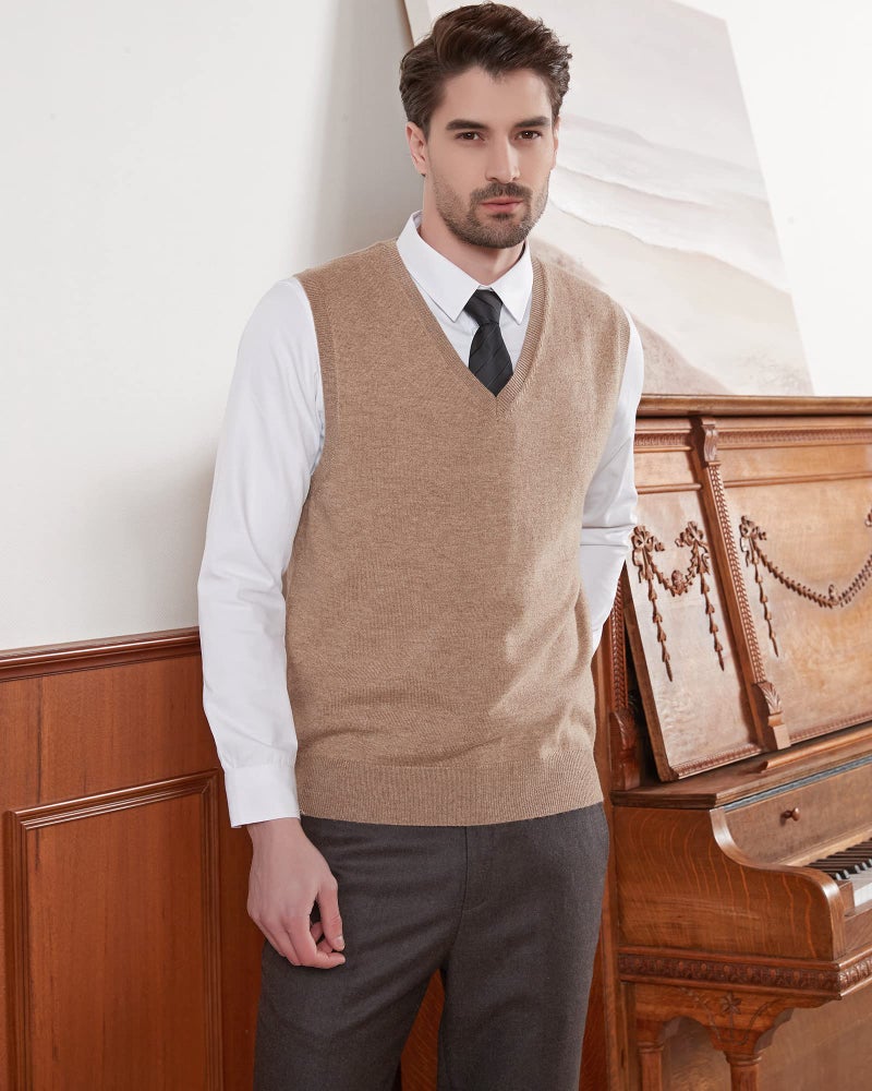 Kallspin Men's Wool Blended Vest Sweater Relaxed Fit V Neck Sleeveless Knitted Pullover (Coffee, Large) - Image 2